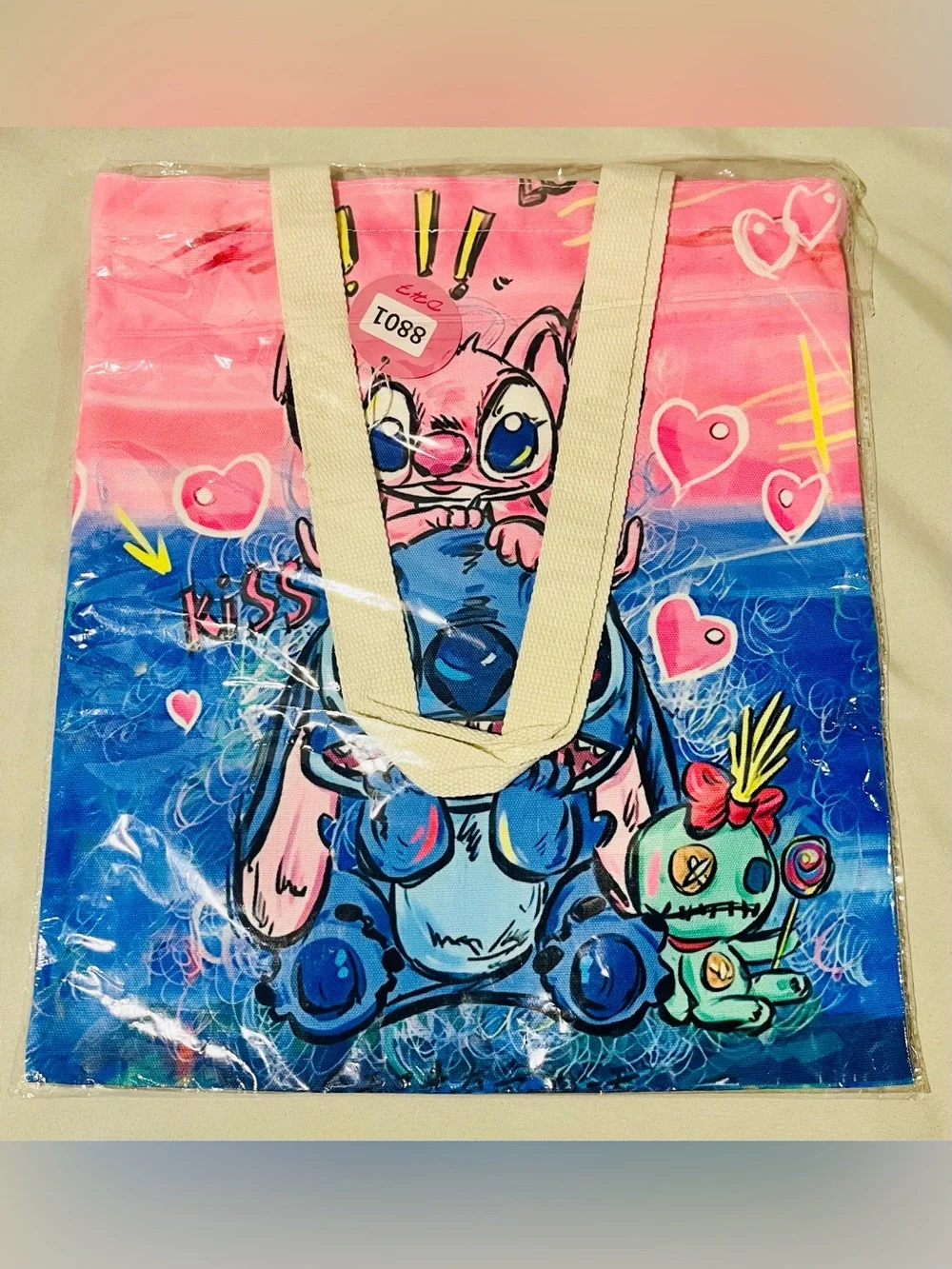 Angle & Stitch Pink and Blue Cartoon Character Tote Bag
